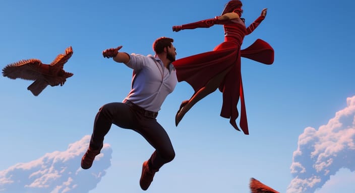 A man and woman flying away together in the cloudy blue sky.