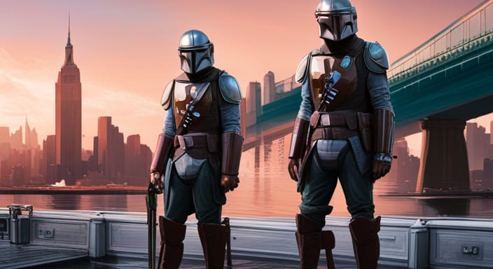 Two Mandalorian figures representing Mob Deep, standing with a backdrop of Queens Bridge New York.