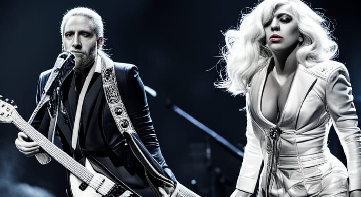 Lady Gaga and ELO performing together, live on stage. Don't bring me down vs. Bad Romance. Image Generated by AI (nightcafe.studio)