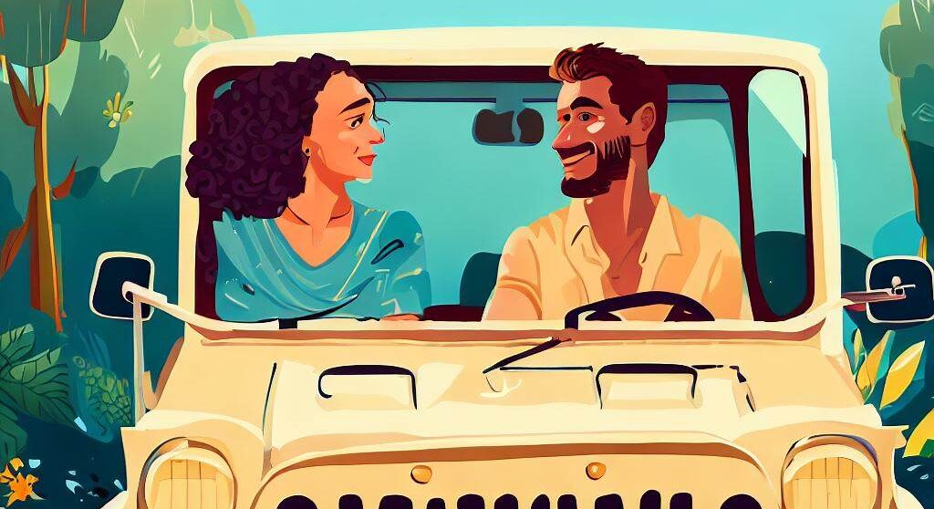 Man and woman driving in jeep.