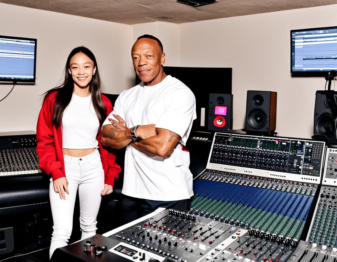Dr. Dre and vs Olivia Rodrigo standing side-by-side in a music studio.