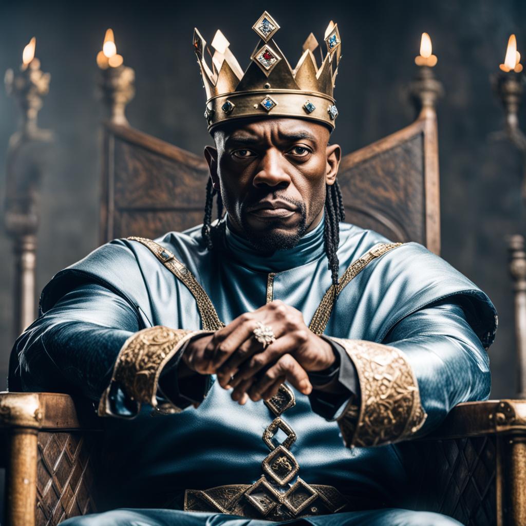 Coolio sitting on a kings thrown in medieval times, straight shot view, hands together forming diamond symbol, serious face looking into camera.